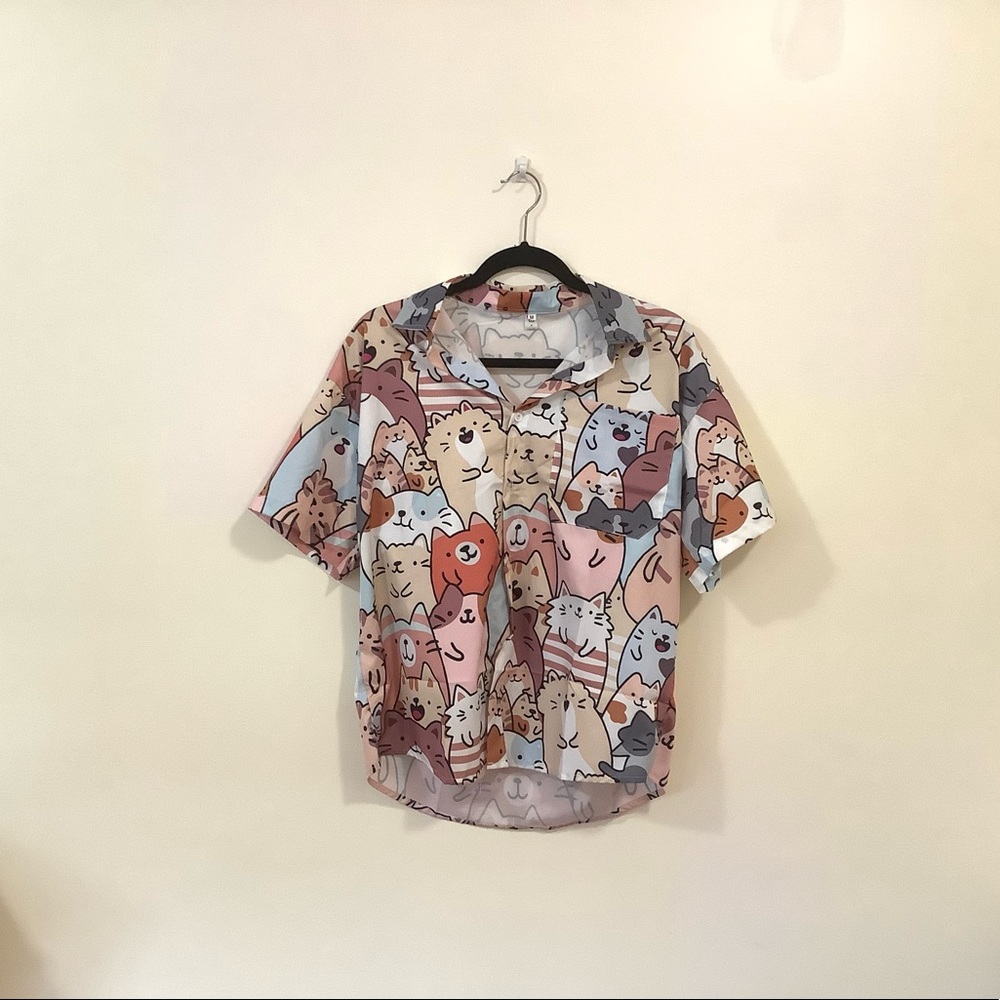 Cat Print Oversized Button-Up Collar Shirt